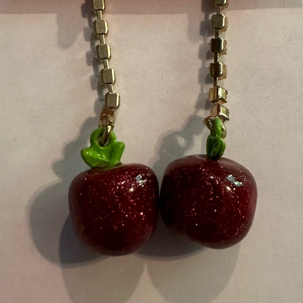 Betsey Johnson Earrings Red Sparkle Glitter Apple Dangle Rhinestones NEW - Picture 2 of 7